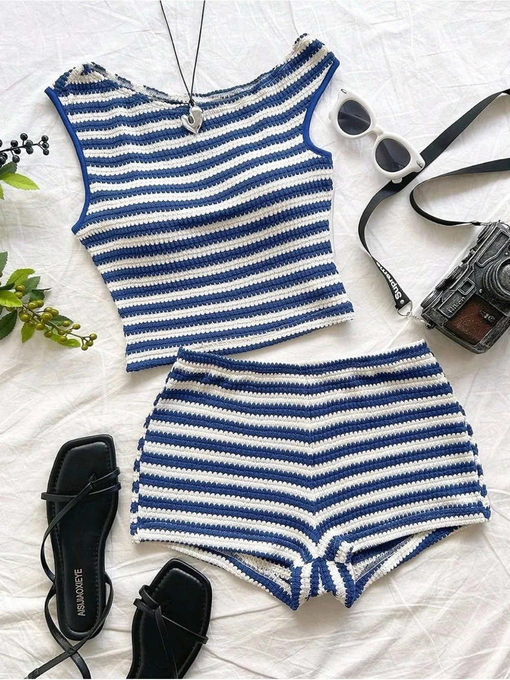 Striped Crochet Tank and Shorts Set - Blue & White